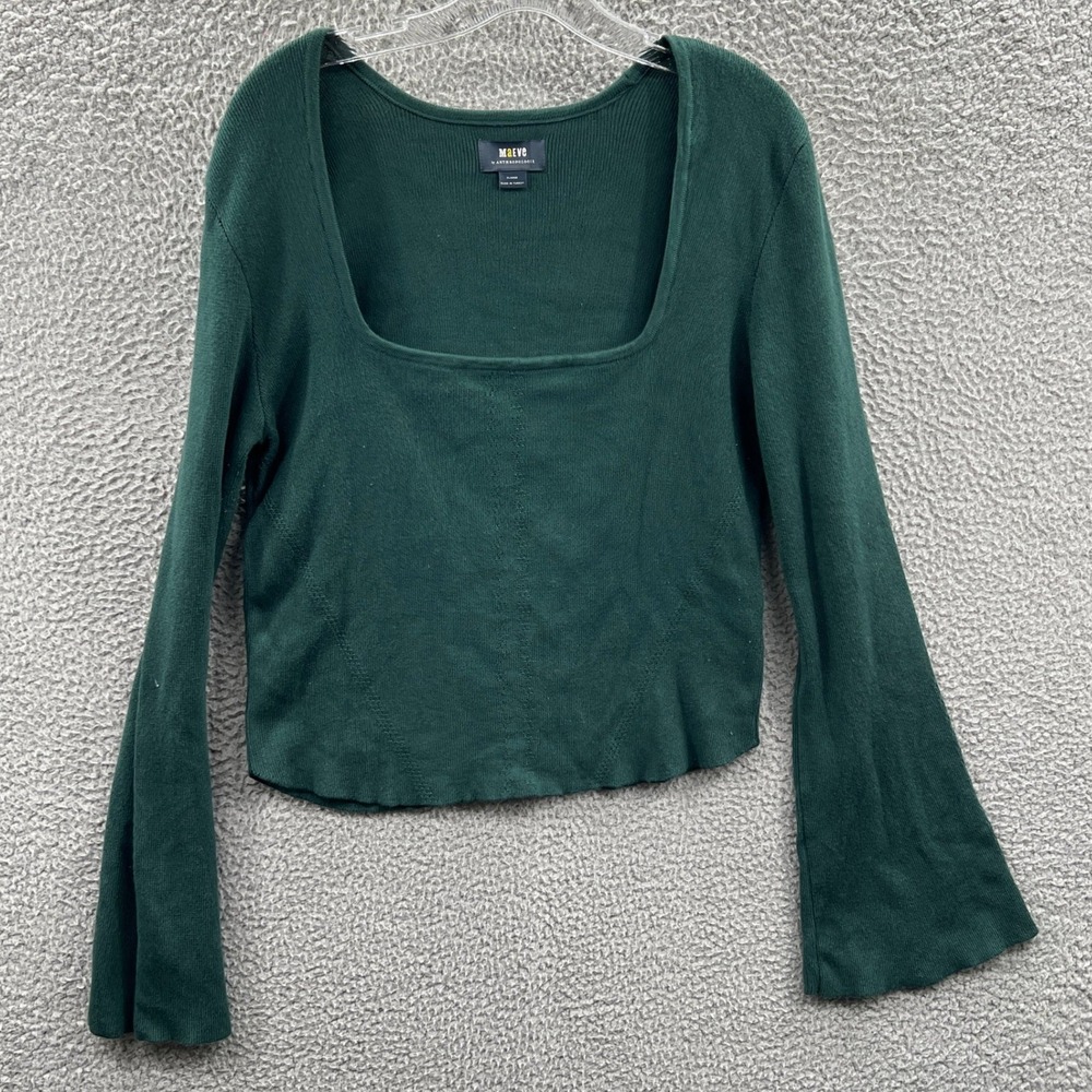 Maeve Womens Cropped Knit‎ Top XL Dark Green Square Neck Balletcore Romantic